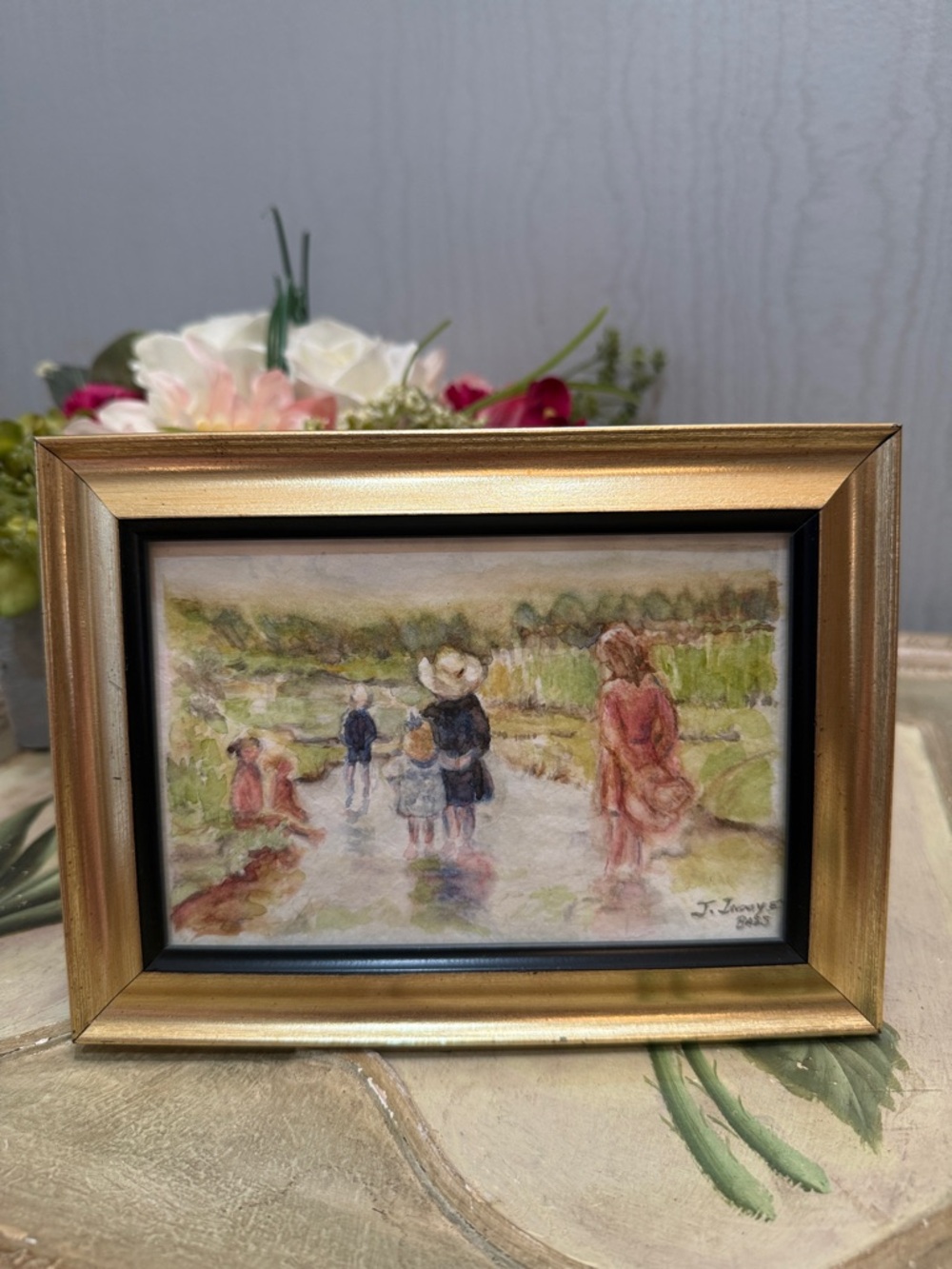 Artist Signed Watercolor in Frame Wading in River